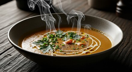 A steaming hot bowl of creamy soup garnished with fresh herbs and a cream swirl on a rustic wooden table.