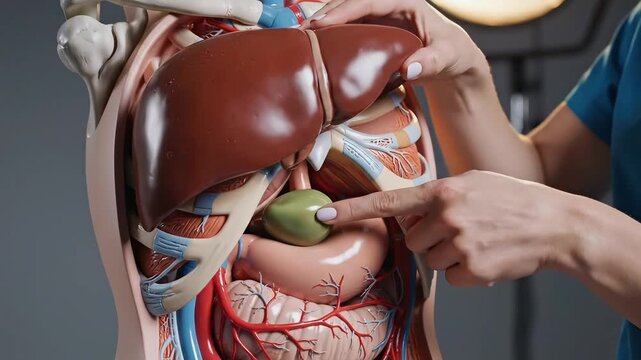 Medical Professional Explaining The Human Digestive System On An Anatomical Model.