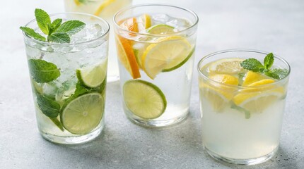 Fototapeta premium Refreshing summer drinks with various citrus slices and aromatic mint, creating a vibrant assortment of chilled beverages perfect for a hot day, promoting hydration and natural flavors