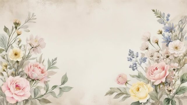 A floral watercolor painting featuring roses and other flowers, on beige background