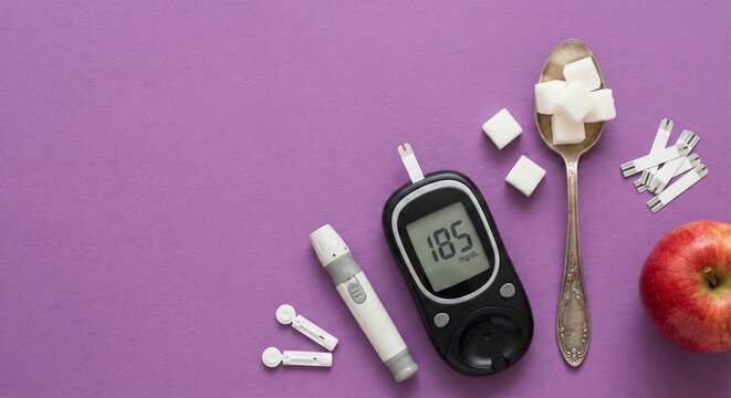 Monitoring blood sugar levels with a glucometer, test strips, and lancets for diabetes management, contrasting with sugar cubes and an apple representing dietary choices for health