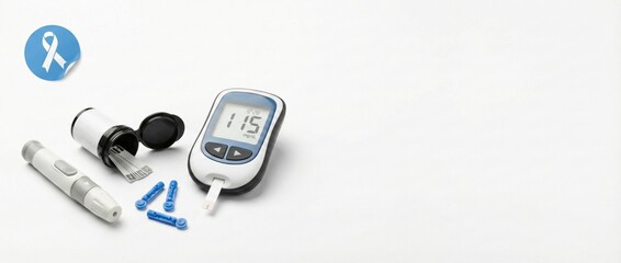 Diabetes monitoring equipment including a glucometer displaying blood glucose readings, a lancing device, test strips, and lancets, representing daily health management and disease awareness