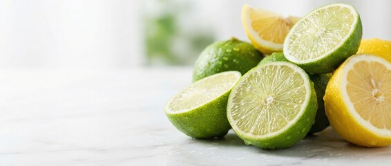 Fresh whole and sliced limes and lemons covered in water drops, creating a vibrant display of citrus fruits known for their natural health benefits and refreshing taste