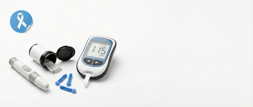 Diabetes monitoring equipment including a glucometer displaying blood glucose readings, a lancing device, test strips, and lancets, representing daily health management and disease awareness - Powered by Adobe