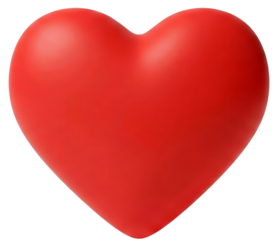 A vibrant, smooth, and plump red heart symbol with a soft, glossy finish on a clean white background.