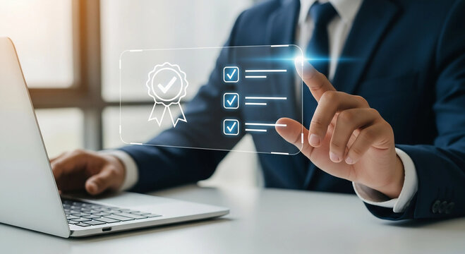 Futuristic digital interface for quality control assurance and certification verification.