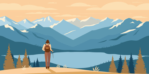 Woman hiker enjoying mountain view with lake and forest landscape illustration