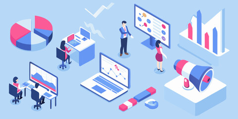 Fototapeta premium Isometric business team analyzing data and charts for successful marketing strategy