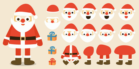 Cartoon santa claus character creation kit with various facial expressions