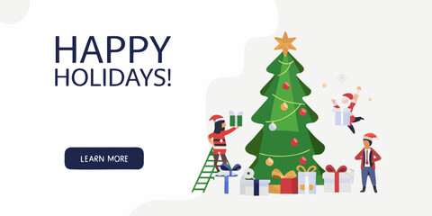 Happy holidays illustration with christmas tree and people decorating and giving gifts