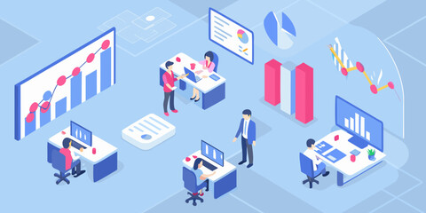 Obraz premium Isometric office scene with data analysis and team collaboration illustration
