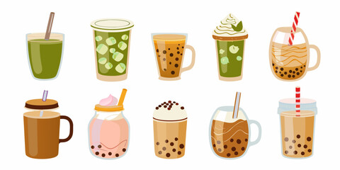Collection of different flavored bubble tea drinks with various toppings