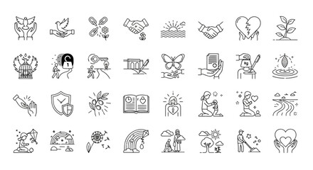 Collection of Line Art Icons Representing Hope Growth and Connection. Vector Illustrations. EPS Editable