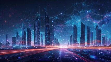 Futuristic cityscape, network overlay, digital lines connecting towers, lit sky and ground with streaks