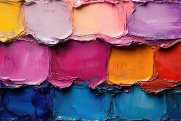Close-up of vibrant colorful oil paint palette with thick texture and brushstrokes. Great for artistic backgrounds, or representing creative expression in designs.