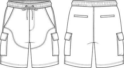 Fashion technical flat sketch template of men's cargo shorts with elastic drawstring waistband and large side pockets, front and back view vector illustration.