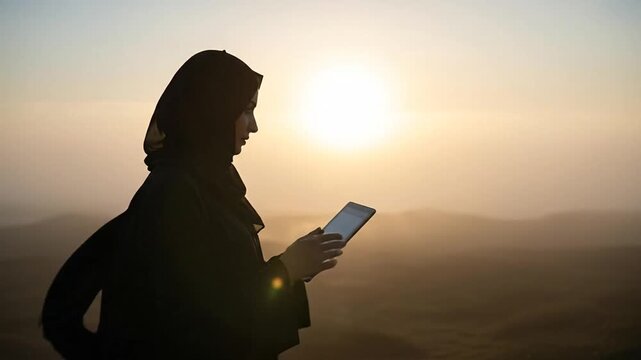 Digital connection and contemplation, woman in abaya using tablet at sunrise horizon