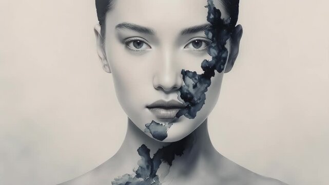 Portrait of a woman, face partly obscured by an abstract ink blotch