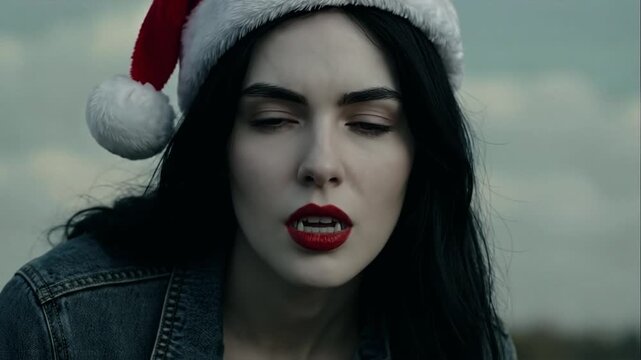 Outdoor Santa-Hat Vampire Close-Up Showing Fangs as Blue Veins Spread Across Her Face