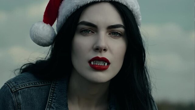 Outdoor Santa-Hat Vampire Close-Up Showing Fangs as Blue Veins Appear on Her Neck