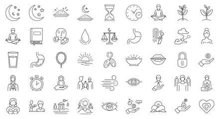 Collection of Line Icons Representing Health Wellness and Spirituality. Vector Illustrations. EPS Editable
