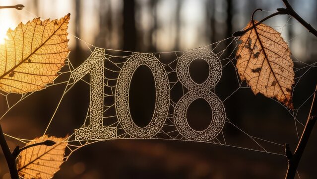 Autumn leaves and spiderweb forming the number 108