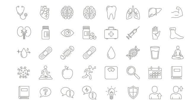 Collection of Medical and Health Related Icons for Healthcare and Science. Vector Illustrations. EPS Editable