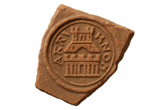 Ancient ceramic fragment showing embossed seal with building symbol