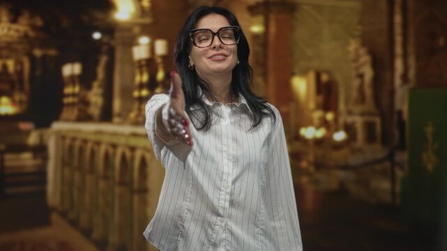 Woman wearing white shirt extends hand for handshake in building; welcome goodwill fellowship faith.