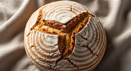 Overhead view of a freshly baked, rustic round loaf of artisanal bread with a flour-dusted, cracked crust on a rumpled cloth.