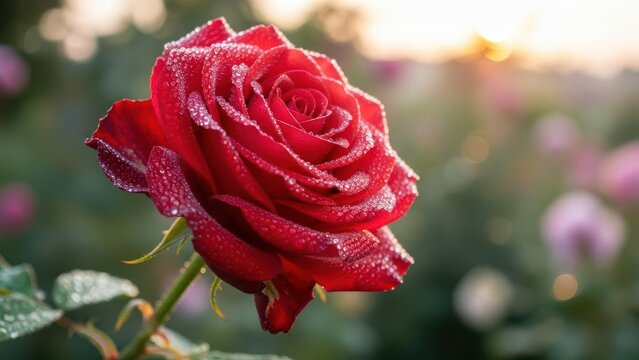 Dew drops adorn a vibrant red rose in soft morning light