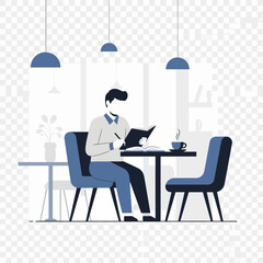 Fototapeta premium Person sitting at table writing in book with coffee cup.
