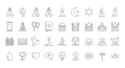 Collection of Religious and Spiritual Icons in Sketch Style. Vector Illustrations. EPS Editable