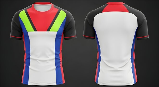 Vibrant sportswear t-shirt mock-up for men, featuring a dynamic V-pattern in red, blue, green, and white. Ideal for athletic team uniform customization and graphic design.