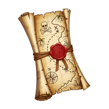 Antique Pirate Treasure Map Scroll with Skull and Crossbones.