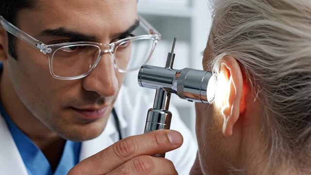 Otolaryngologist performing an ear check up on an elderly patient.