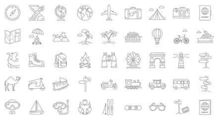 Collection of Travel and Leisure Icons for Adventure and Exploration. Vector Illustrations. EPS Editable