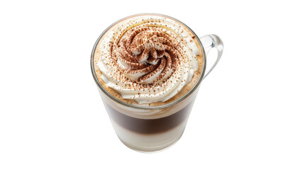 Frothy Coffee Beverage with Whipped Cream and Cocoa Dusting in Glass Mug. Layered Latte Style Hot Drink.