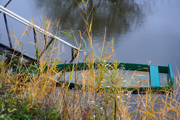 A vibrant green boat gently floats on calm water, nestled among tall golden reeds and natural...