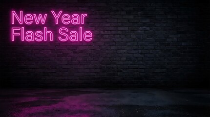 New Year Flash Sale Neon Sign on Dark Brick Wall Background.