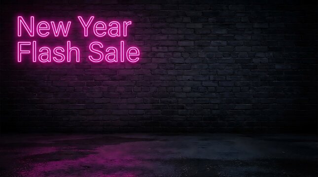 New Year Flash Sale Neon Sign on Dark Brick Wall Background. - Powered by Adobe