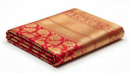 Luxurious red and gold traditional Indian silk saree, intricately folded with rich floral patterns, showcasing elegant craftsmanship and cultural beauty