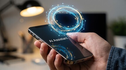 Person using AI assistant on a smartphone with futuristic digital interface