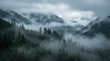 Fototapeta premium Misty mountain forest landscape with fog and dramatic cloudy sky