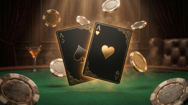 Casino poker game with two aces and poker chips on a green felt table