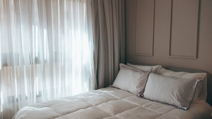 Serene Cozy Bedroom with Fabric Curtains and Warm Natural Light