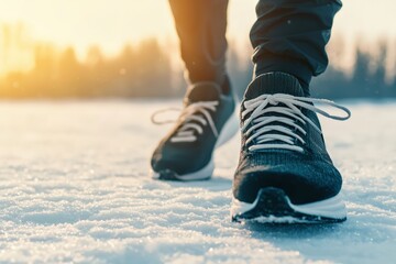 Man running on snowy ground wearing sneakers, staying active during winter. Copy space on the left for text or graphics