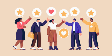 Diverse group giving thumbs up with star and heart feedback icons