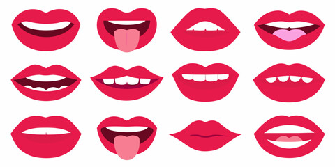 Collection of red lips with different expressions and mouth positions on white background