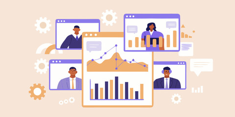 Obraz premium Online business meeting with data analysis and diverse team members